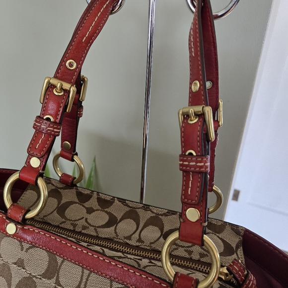 Coach Maroon Leather trim Monogram Shoulder Tote Bag - Picture 3 of 15